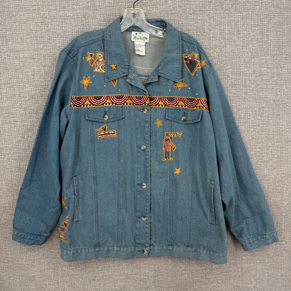 Vintage Quacker Factory Denim Jacket Women 2X Patriotic Americana Embroidered